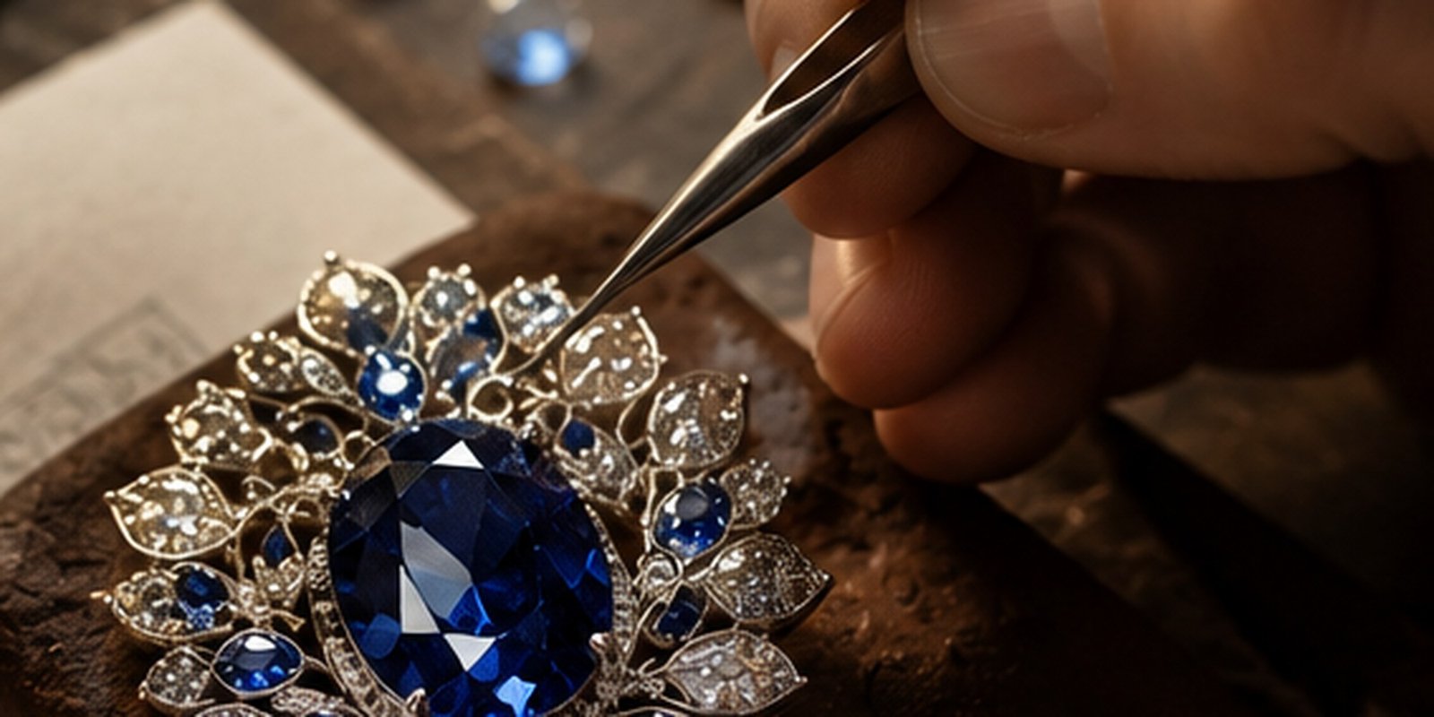 A sapphire and diamond brooch under tweezers on a jeweller's bench